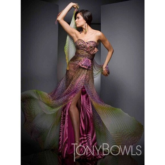 Tony Bowls Evenings Chiffon Print Prom Dress TBE21033 Purple/Multi - Picture 1 of 7